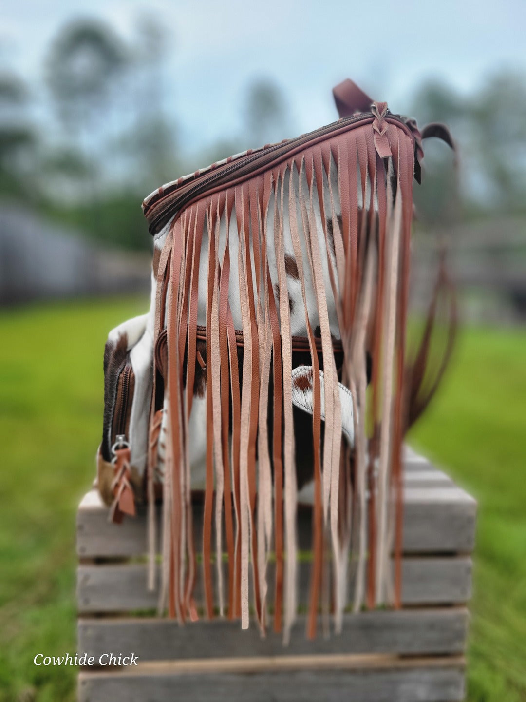 LuLu Fringe Cowhide Backpack - Large Tan and white