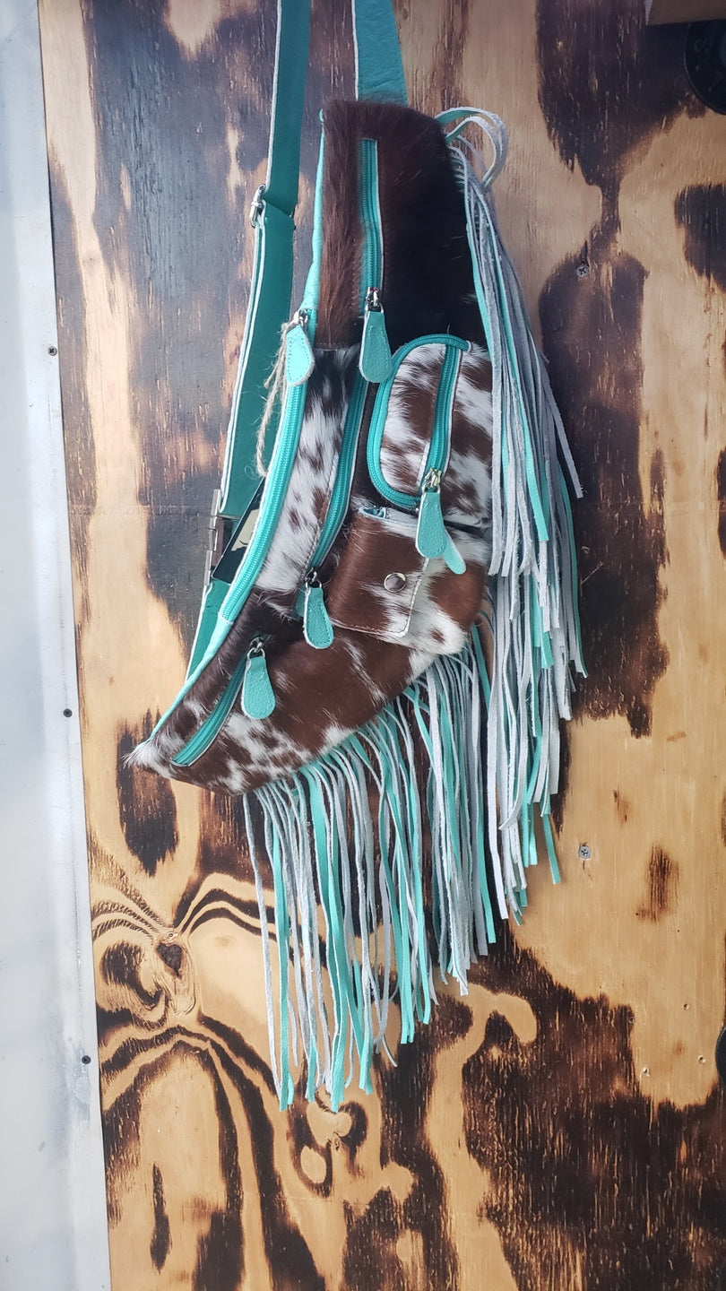 Turquoise Cowhide Fanny/ Bum Bag - Fringe