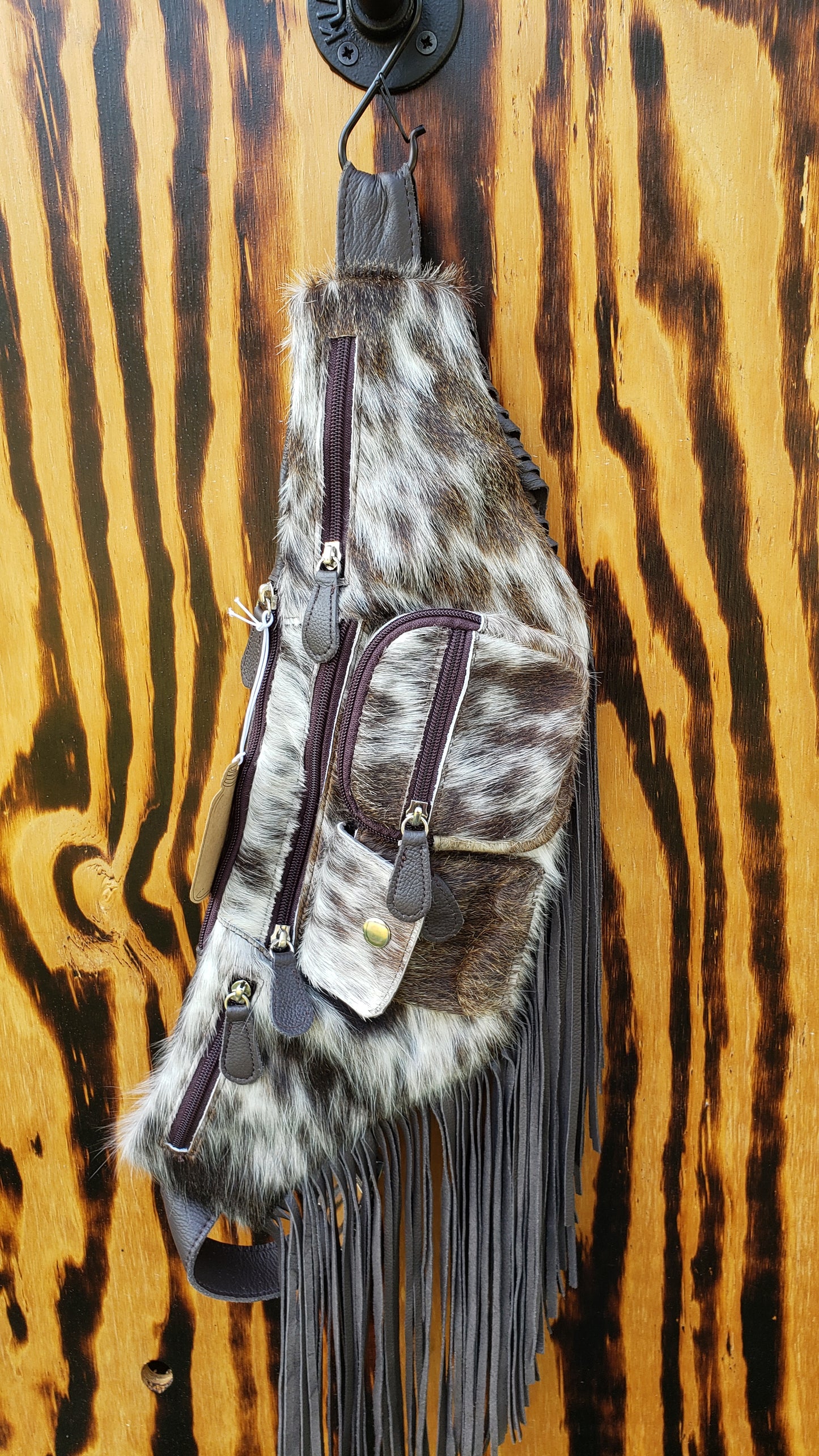 Fringe Cowhide Fanny Bag - Bum Bag - Brown & white