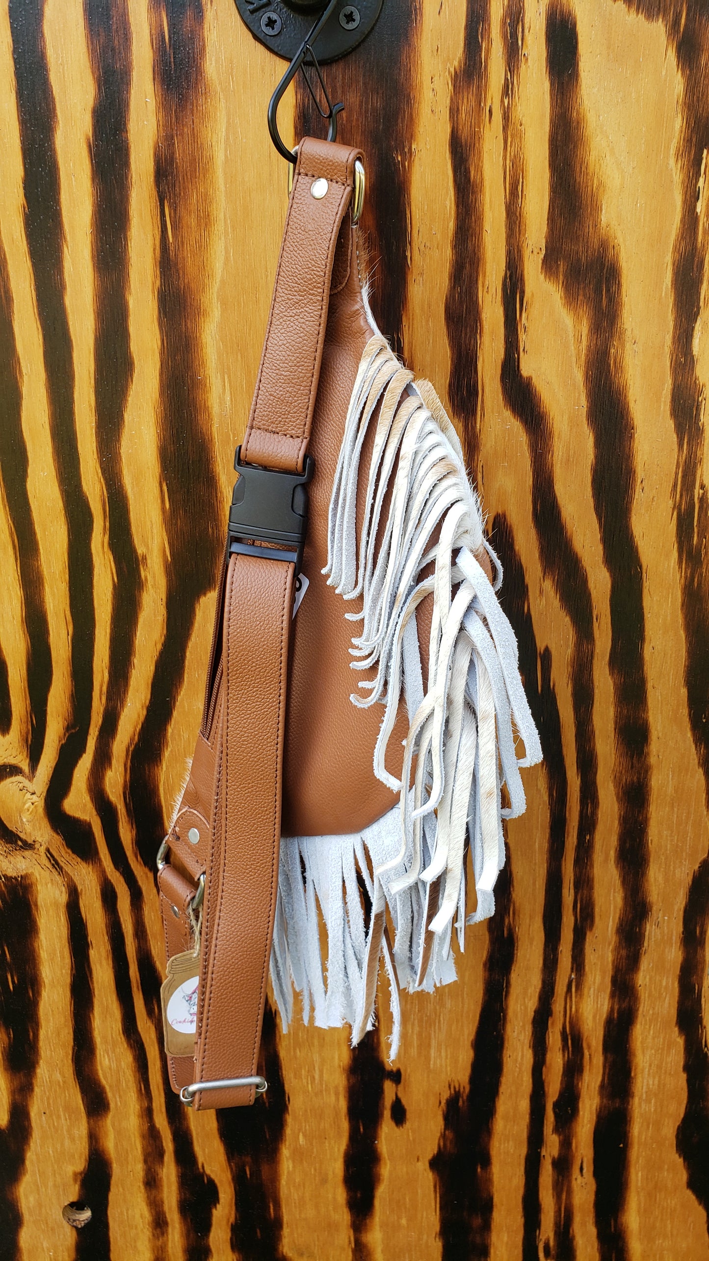 Cowhide Fanny Bag Hair on Fringe Tan & white