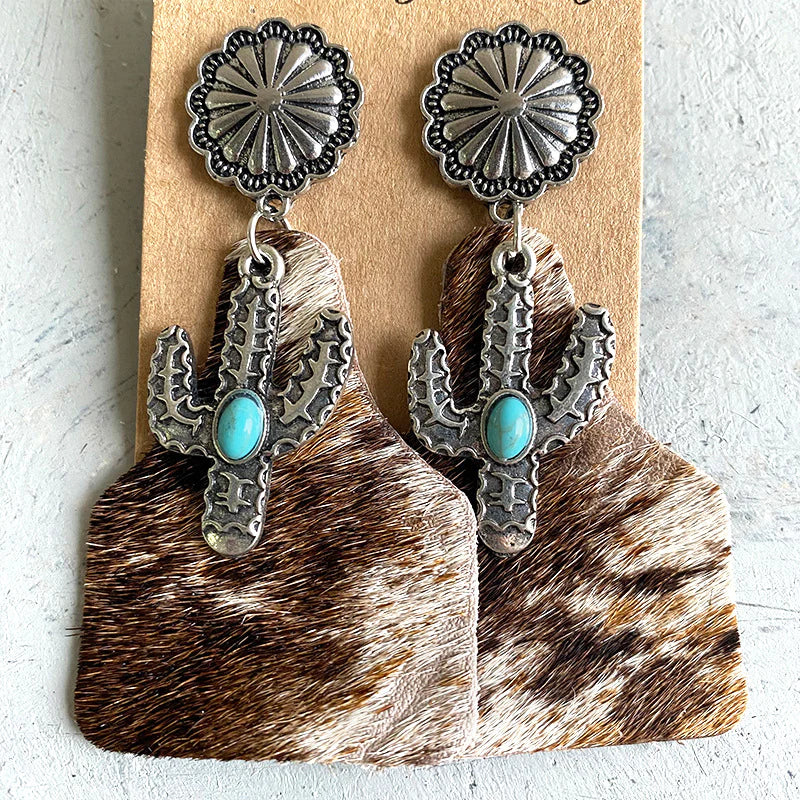 Cowhide and Cactus Earrings TRI