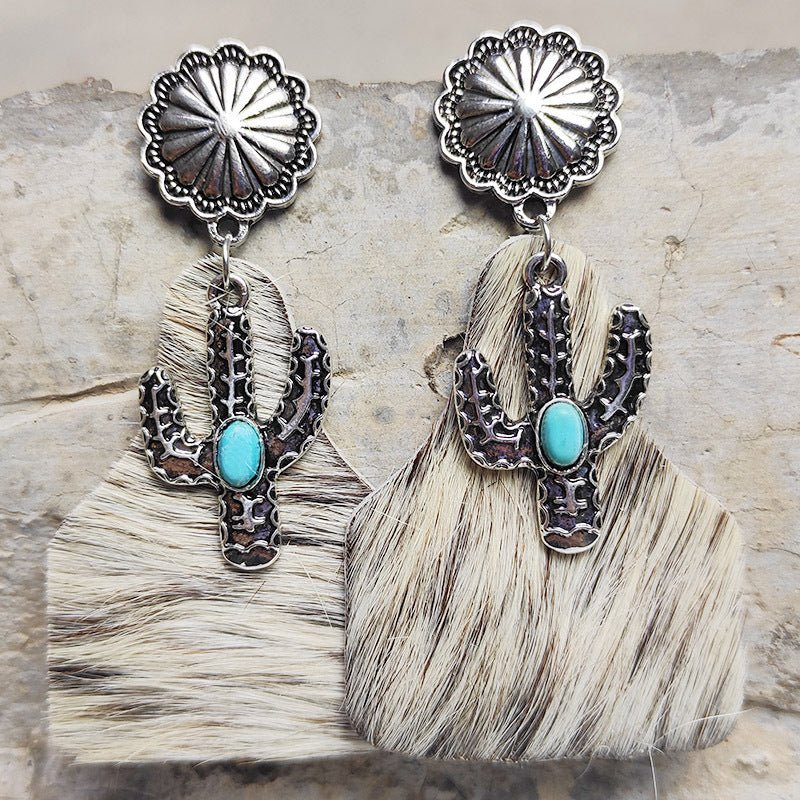 Cowhide and Cactus Earrings B/W
