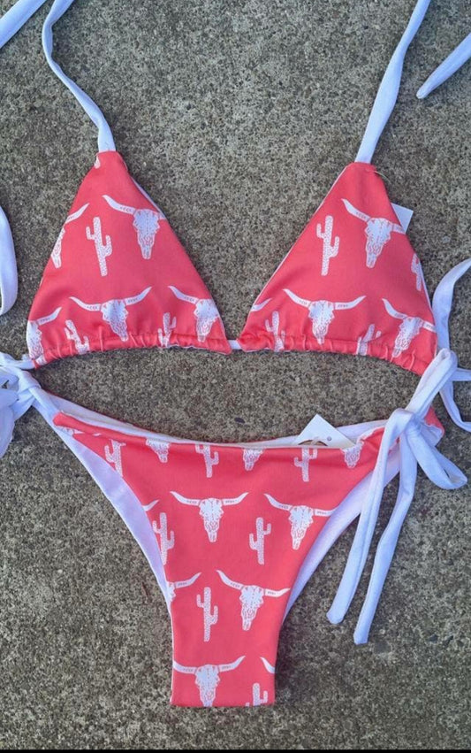 Reversible Coral Cowskull and White Swimsuit
