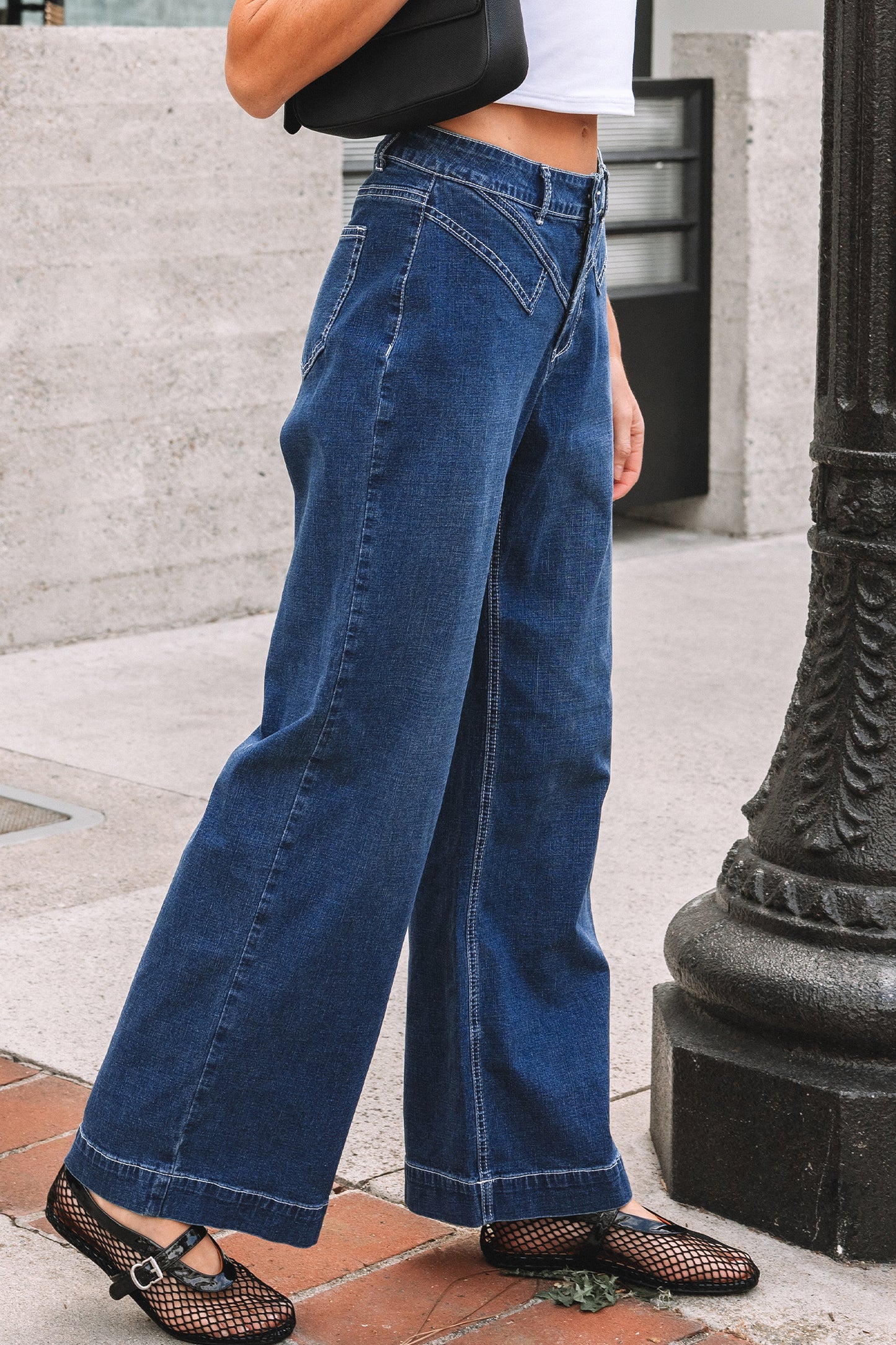 Sail Blue Stitched Waist Detail Loose Cuffed Jeans