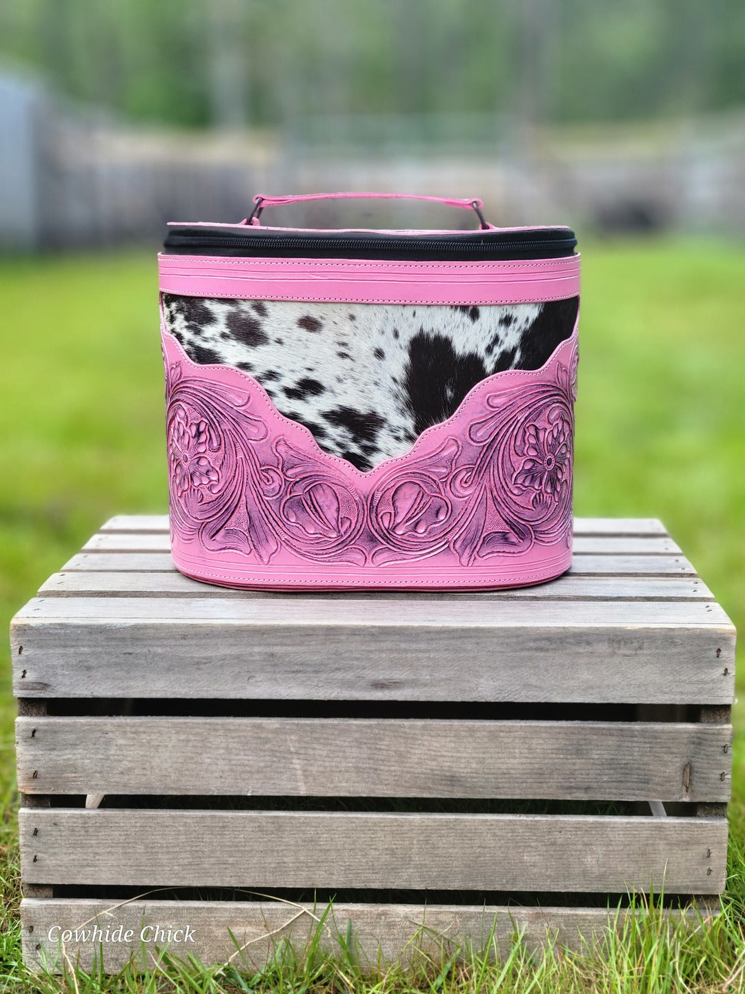 Tooled Cowhide Make up Bag - Pink