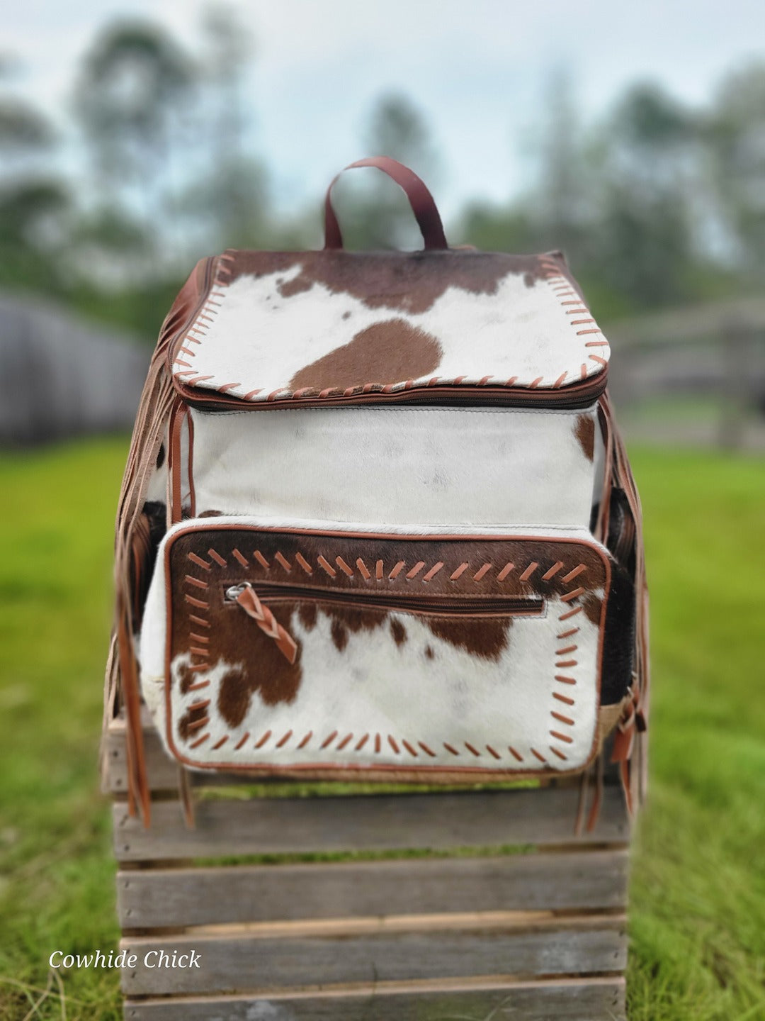 LuLu Fringe Cowhide Backpack - Large Tan and white