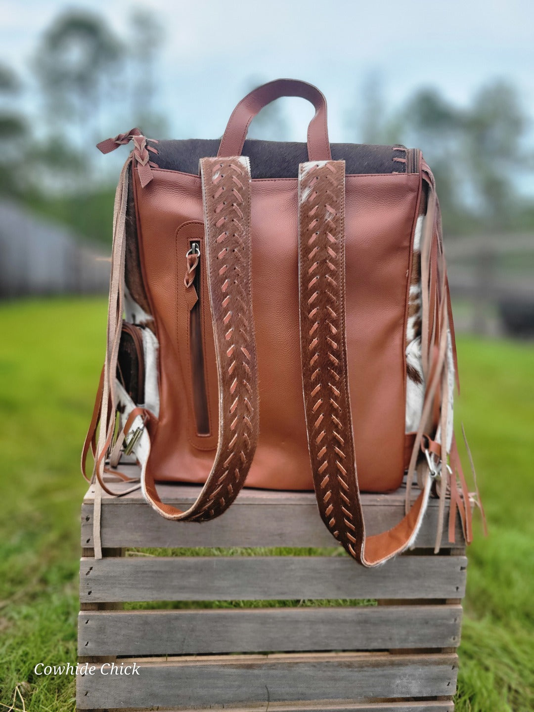 LuLu Fringe Cowhide Backpack - Large Tan and white