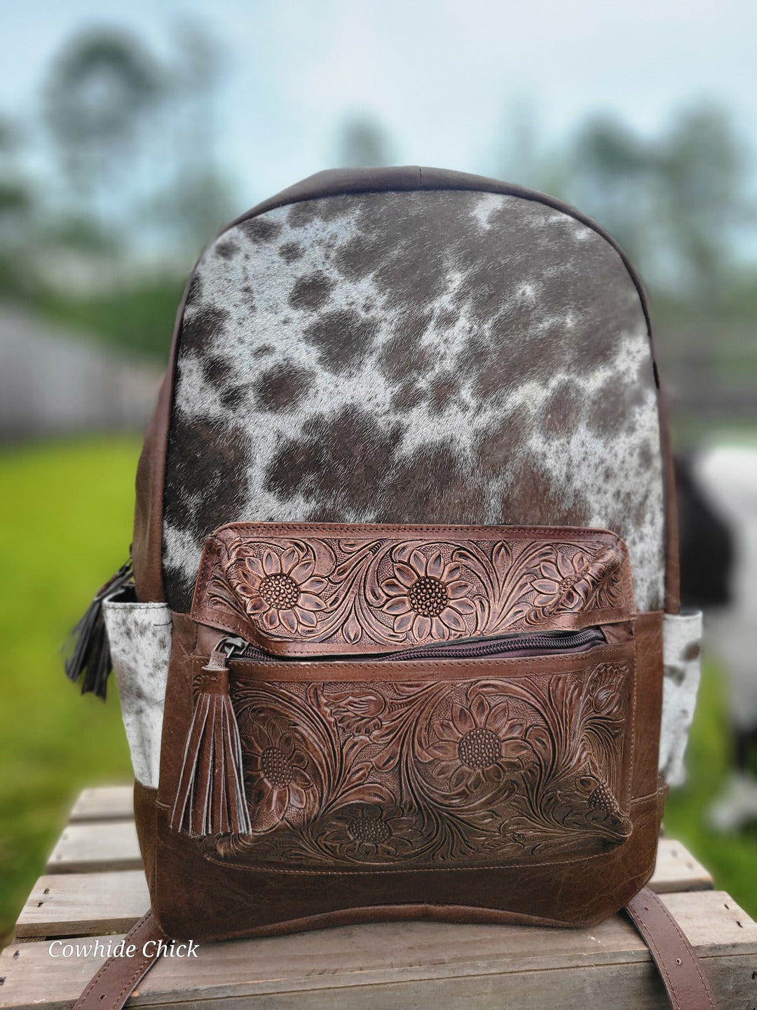 cowhide backpack - Tan with sunflower