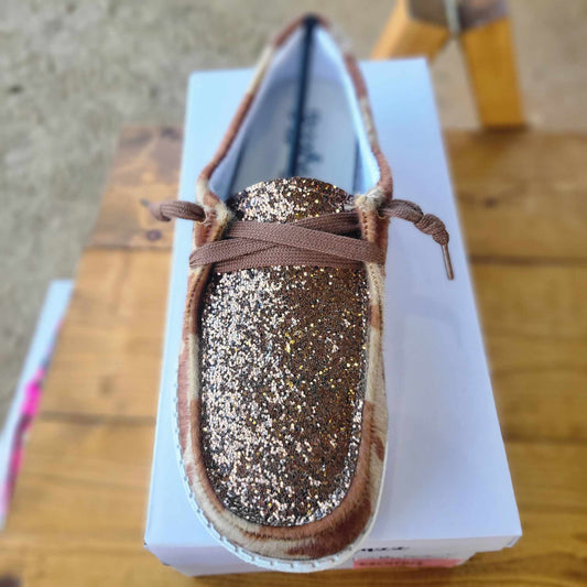 Brown Glitter Accented Cow Print Ladies Sneaker