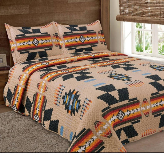 Cream Orange Navajo 3pc Bedspread Quilt - King