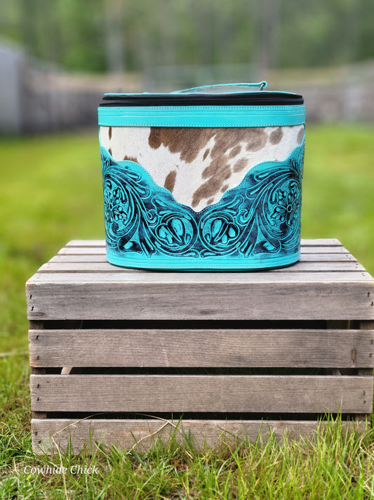 Tooled Cowhide Make up Bag - Turquoise