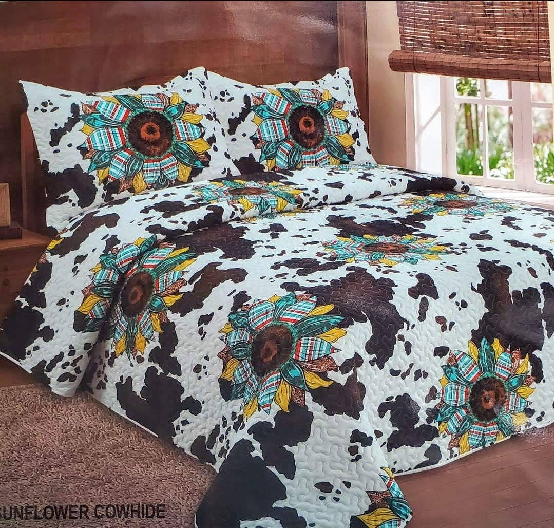 Sunflowers & Cow  3pc Bedspread Quilt Set - King/Cal-King