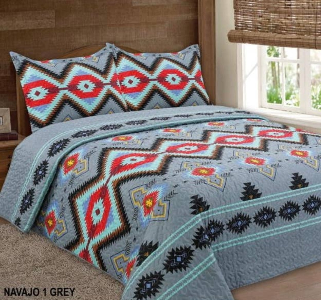 Grey Navajo 3pc Bedspread quilt Set - King/Cal-King