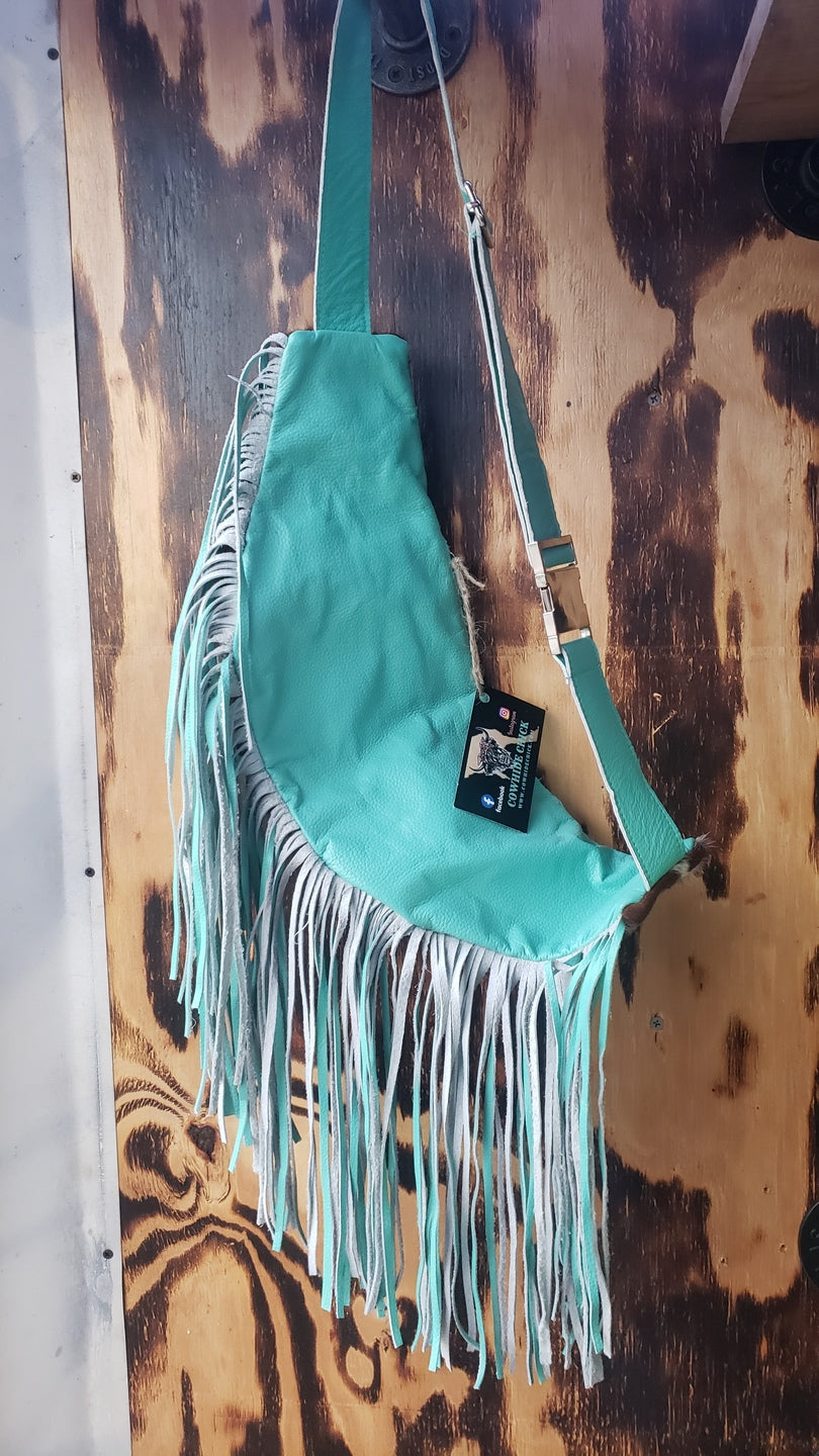 Turquoise Cowhide Fanny/ Bum Bag - Fringe