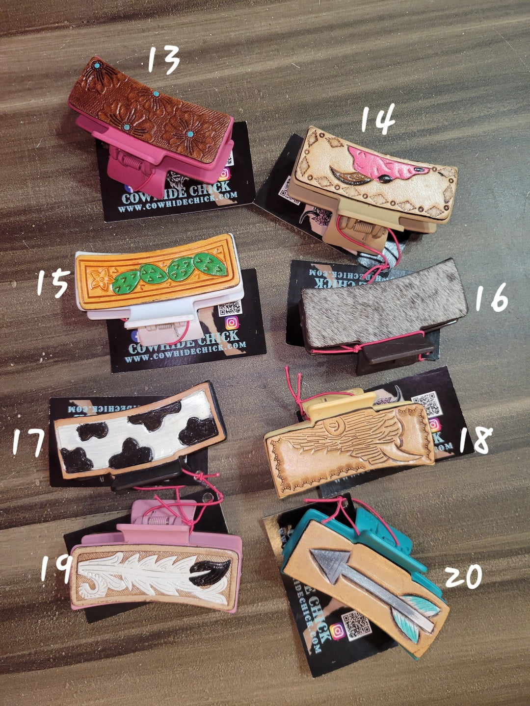 Tooled and Cowhide Hair Clips