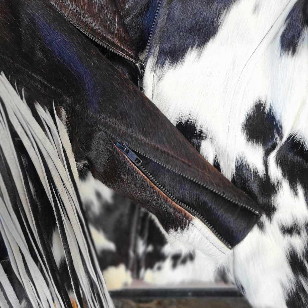Fringe Cowhide Jacket - Large / Brown & White