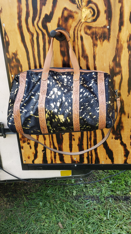 Acid wash Cowhide duffle Bag with hand Tooling - Gold