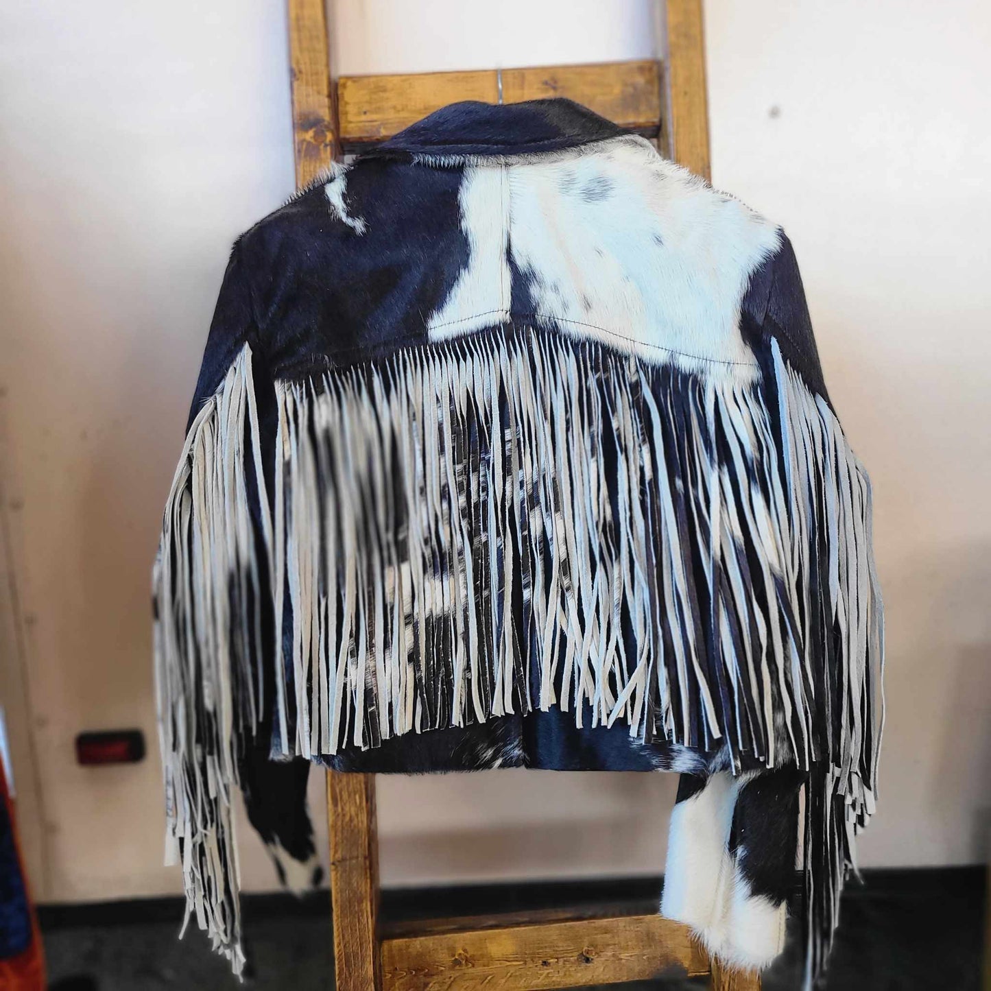 Fringe Cowhide Jacket - Large / Brown & White