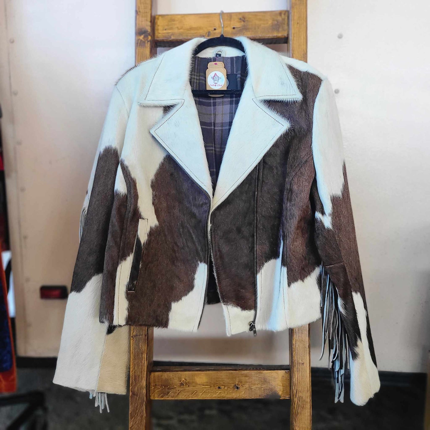 Fringe Cowhide Jacket - XLarge / Brown & White