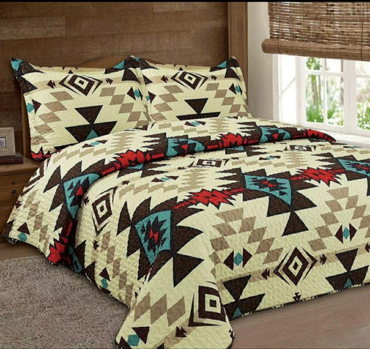Cream Navajo 3pc Bedspread Quilt
